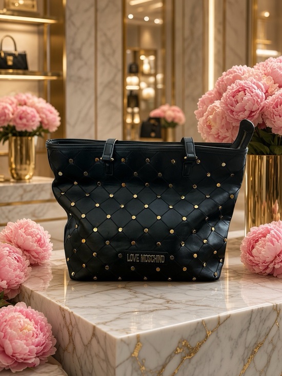 Love Moschino Handbags - Love Moschino Black Quilted Tote with Gold Stud Accents